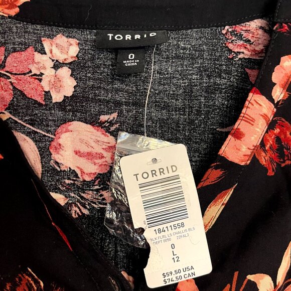 Torrid Women's Blouse Size 0 (L) V Neck, Long Sleeve Floral Black/Coral - Picture 4 of 8